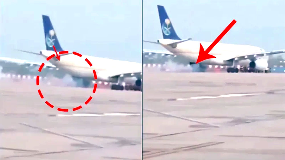 Saudi airline plane carrying Hajj pilgrims suffers engine failure, sparks come out of wheels.